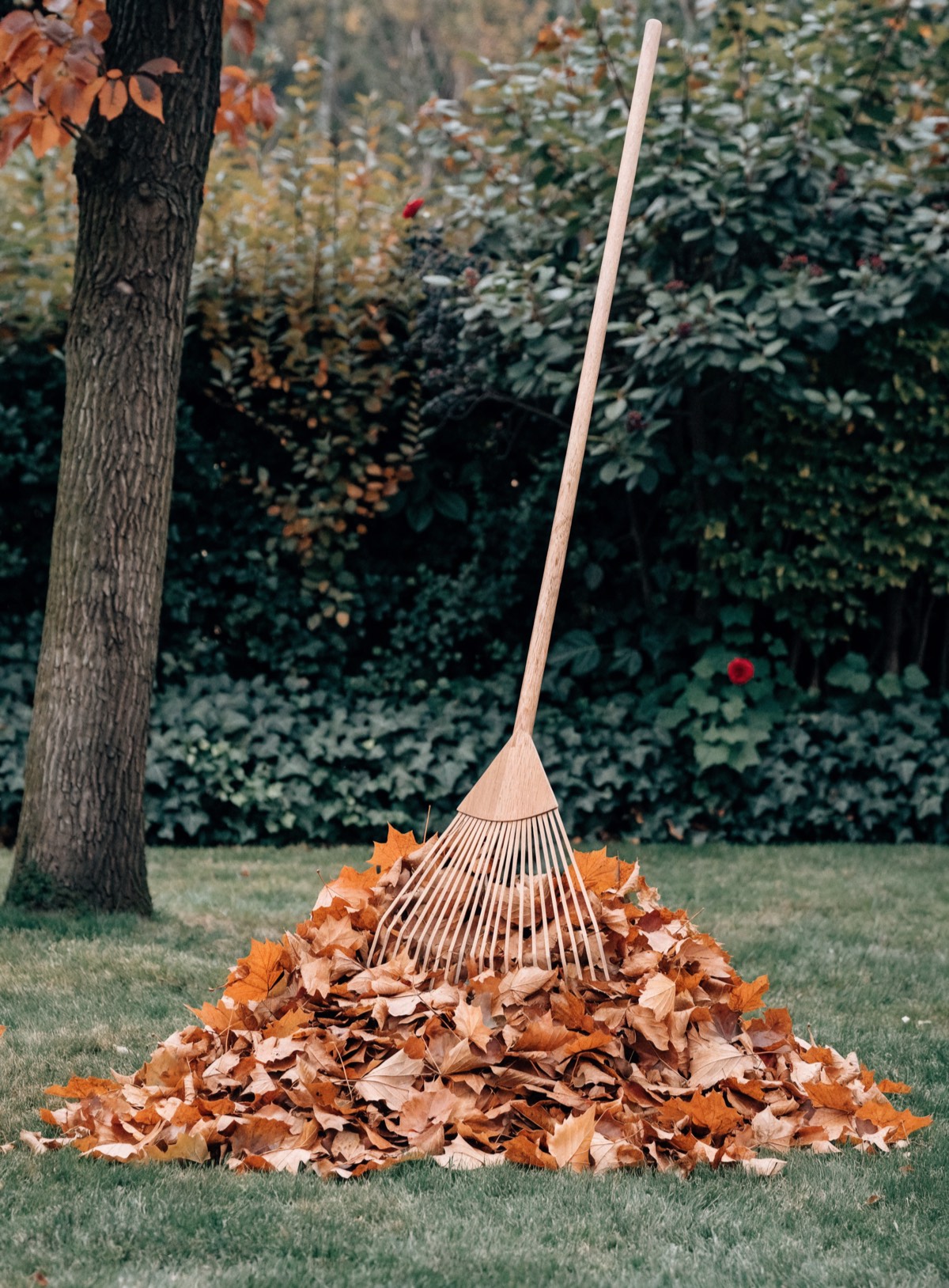 Foglie d'autunno raccolte in un cumulo sul prato, con il rastrello ancora appoggiato sopra.